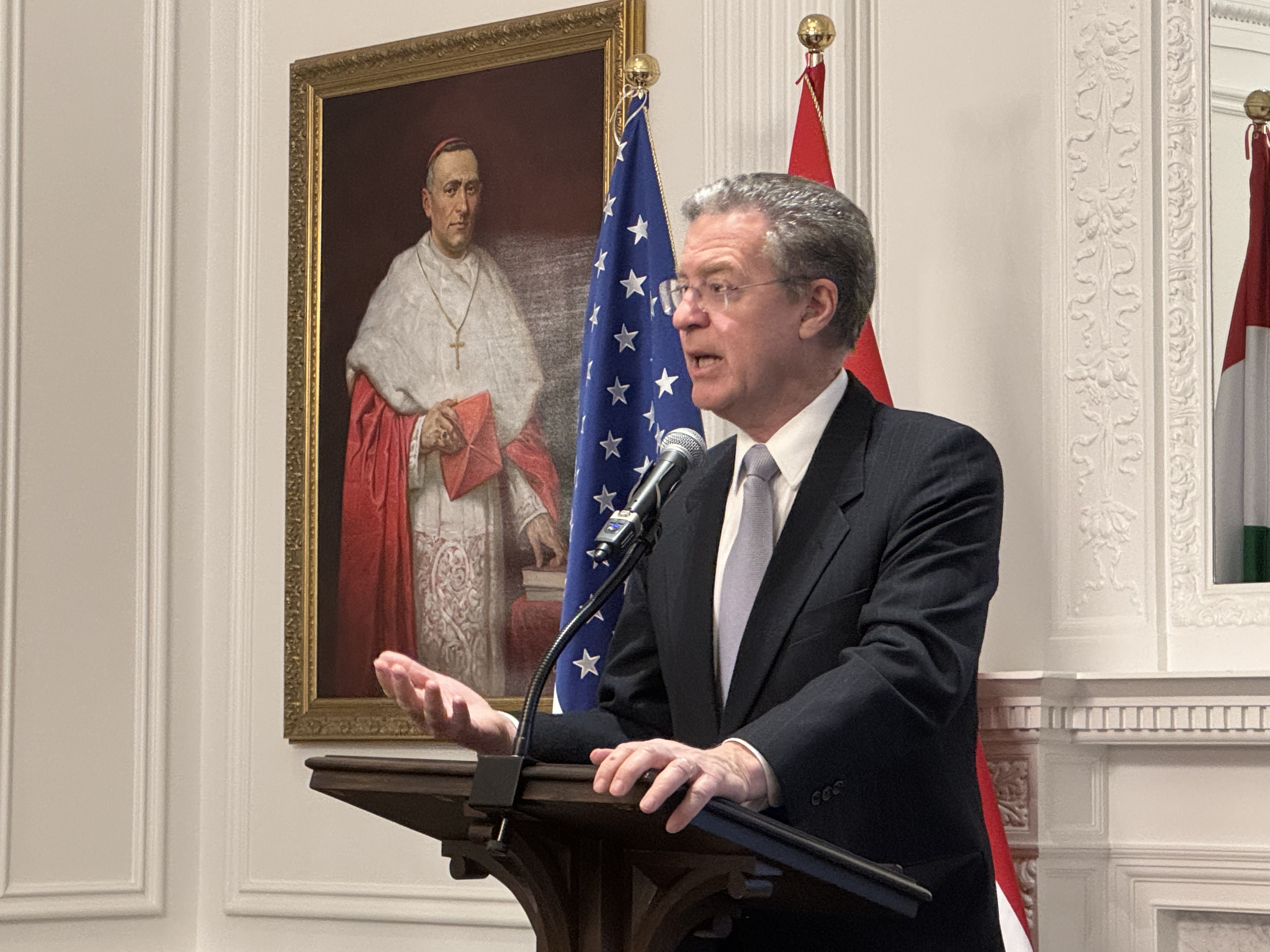 Sam Brownback delivers opening remarks at the Hungarian Embassy, which hosted the conference’s opening reception.