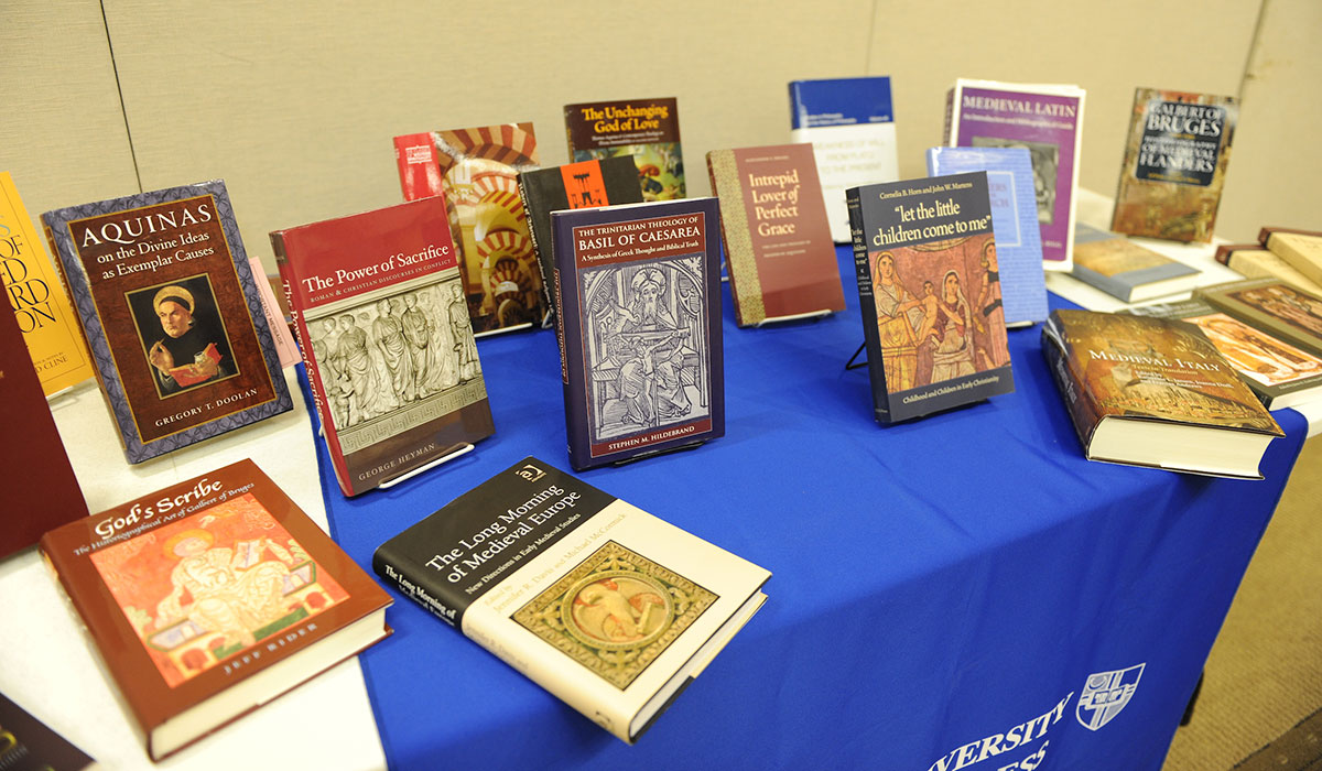 Series of books from Medieval and Byzantine Studies on a table