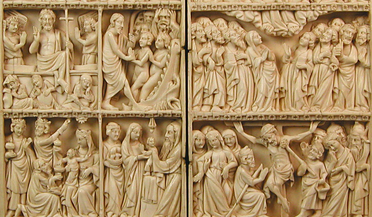Scenes of the Life of Christ and the Virgin, Saint Michael, John the Baptist, Thomas Becket, and the Trinity carved into ivory